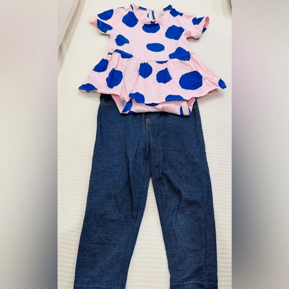 Carter's Pink Dress with Navy Blue Polka Dots Denim Leghing VGUC 24 Month